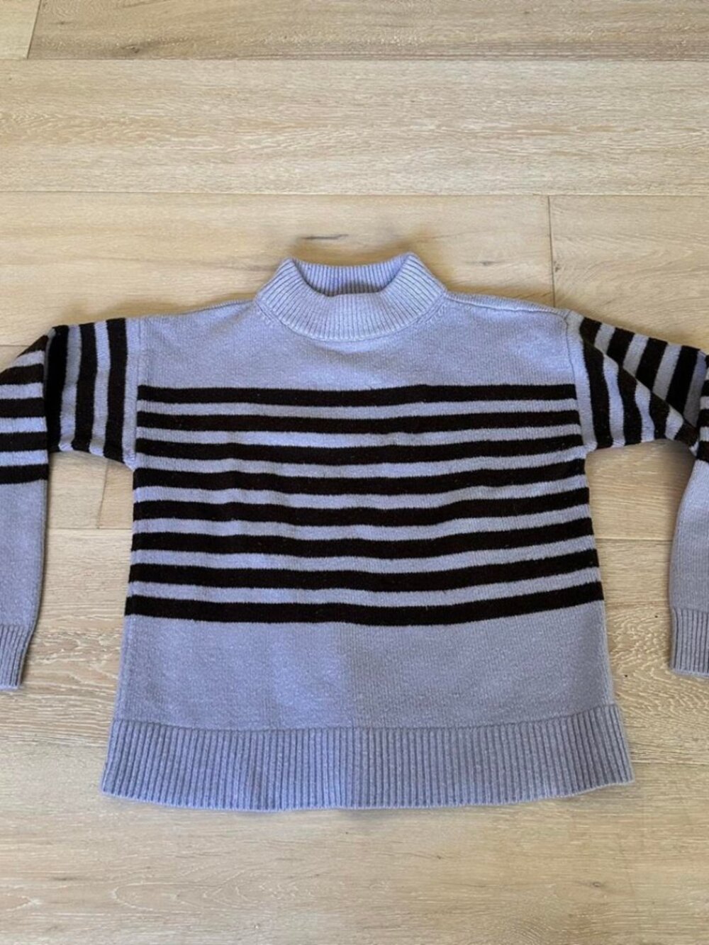 Light Gray Black Stripe Mock Neck Long Sleeve Knit Sweater